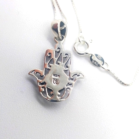 Sterling Silver Filagree Hamsa Hand Genuine Turquoise Pendant Necklace - ITALY - Picture 6 of 7